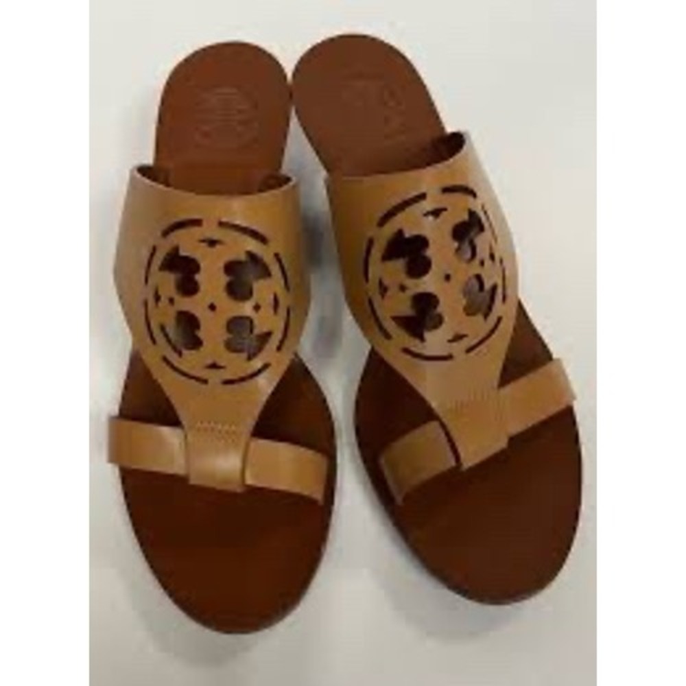 Tory Burch Miller Tan Leather Logo Medallion Wedge Sandals Size 8.5M